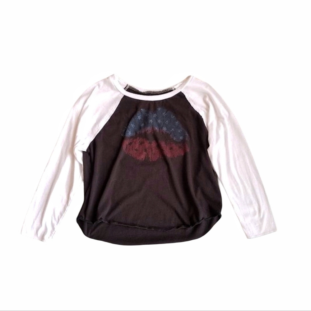 Hollister American Flag Lips Print 3/4 Sleeve Black & White Baseball Tee Size M